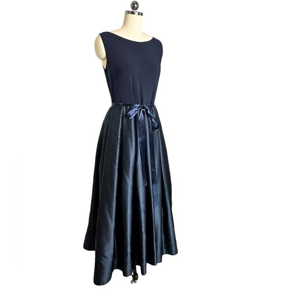 Betsy and Adam Navy Blue Satin Knit Belted Cocktail Dress | Size 14 - Picture 2 of 8